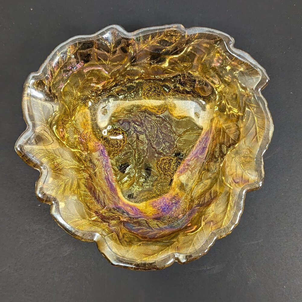VINTAGE Marigold Carnival Glass Grapes Leaf Candy Dish Trinket